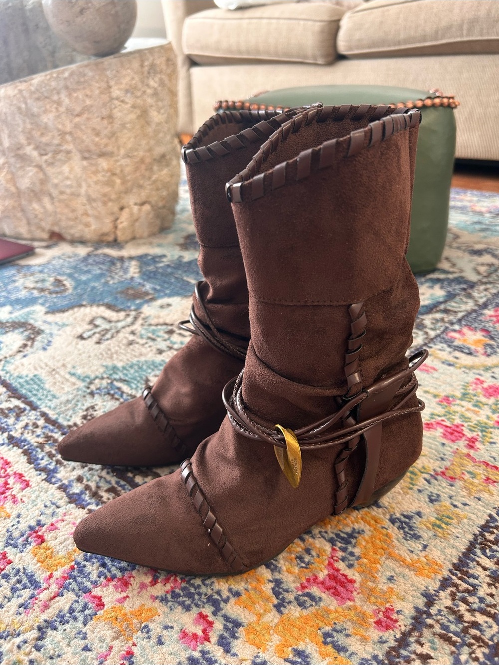 Vintage Brown Suede Pointed-Toe Mid-Calf Women's Boots